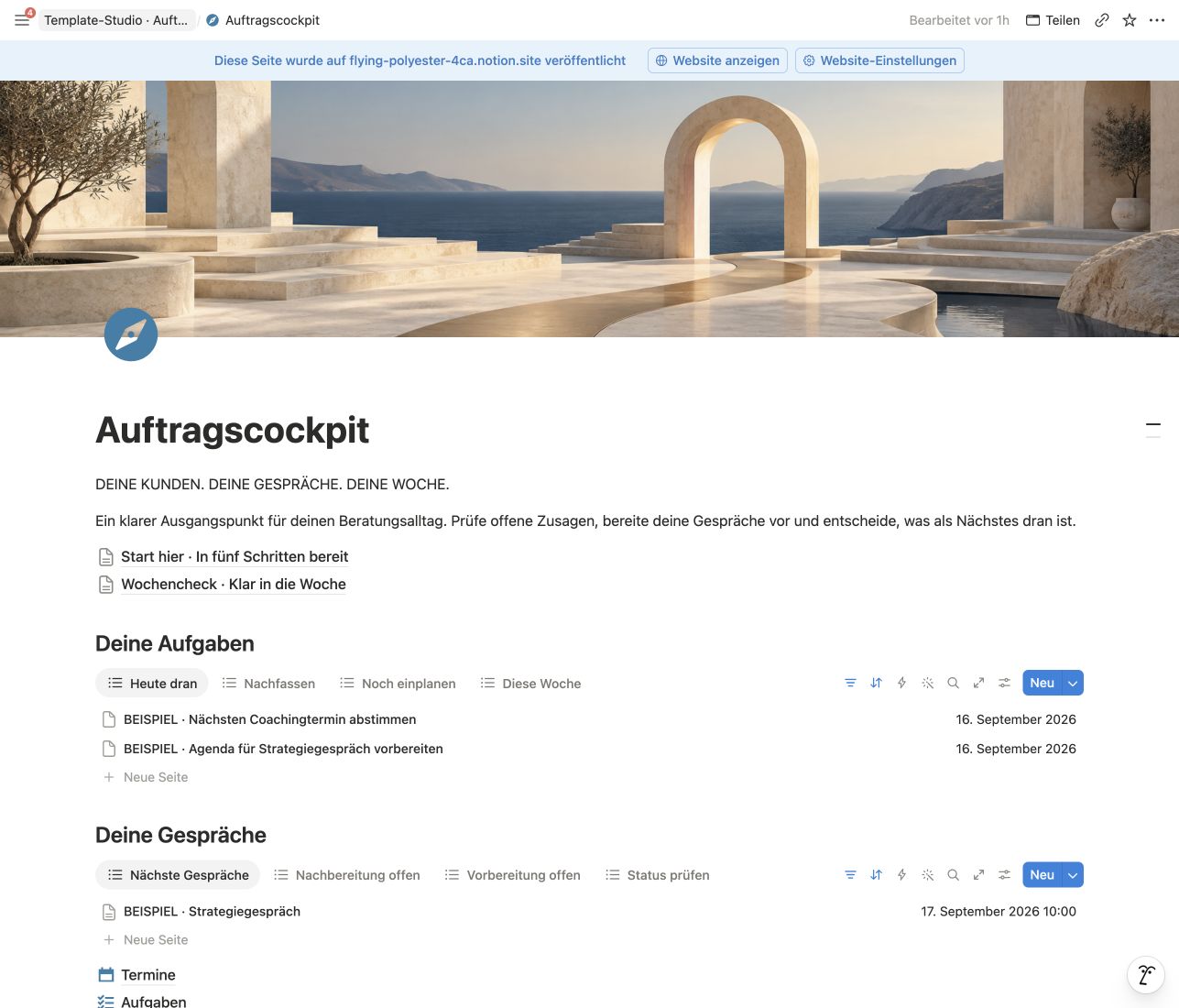 Das helle Notion-Dashboard mit Aufgaben, offenen Rückmeldungen und Gesprächen